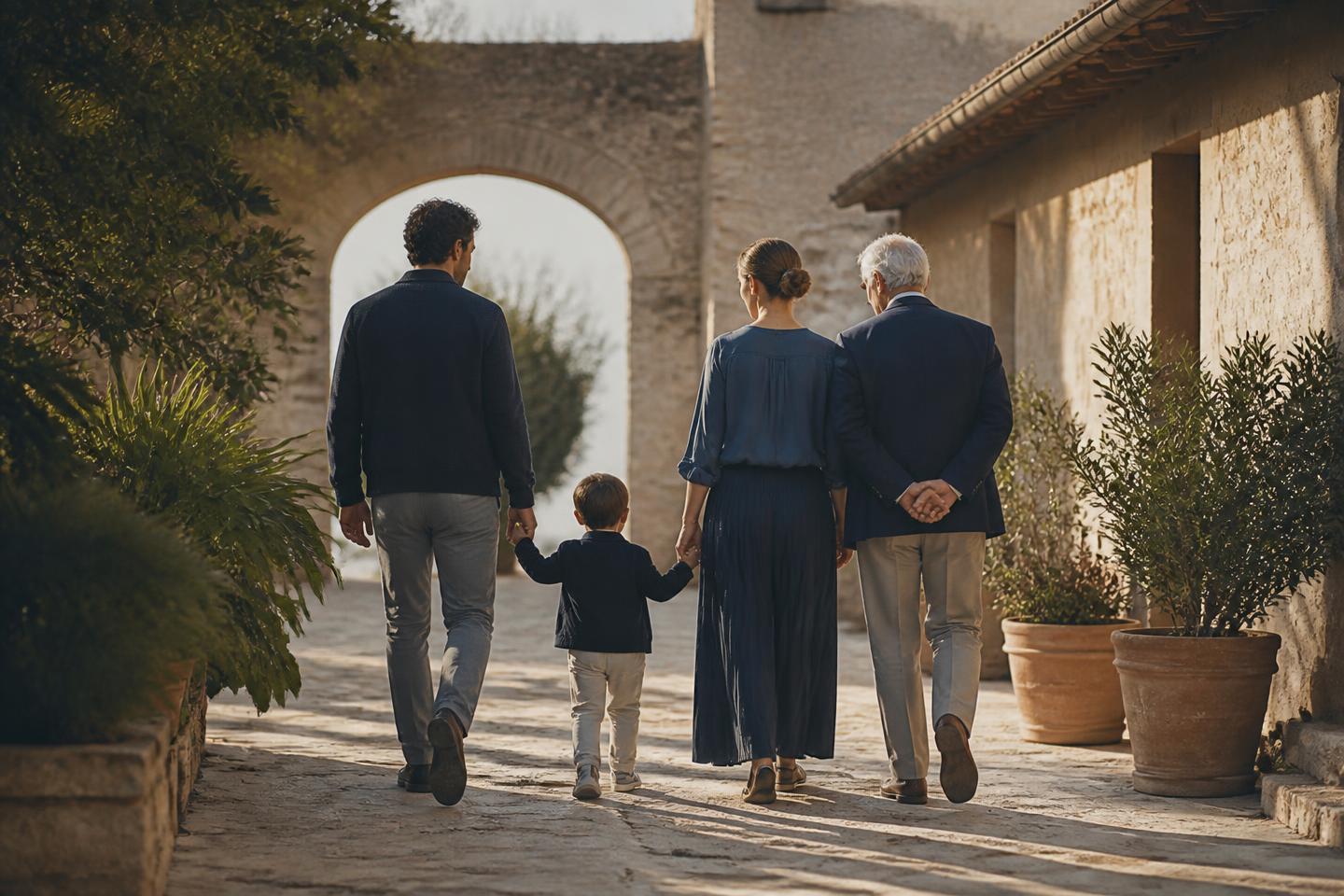 Due generazioni a passeggio lungo un viale alberato