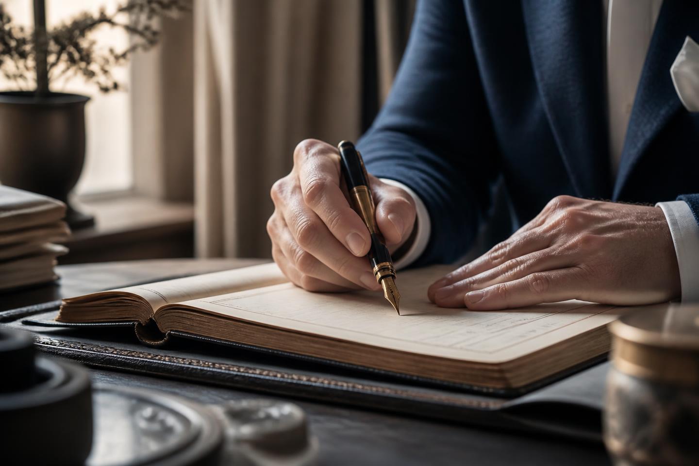 Un professionista firma un registro con una penna stilografica