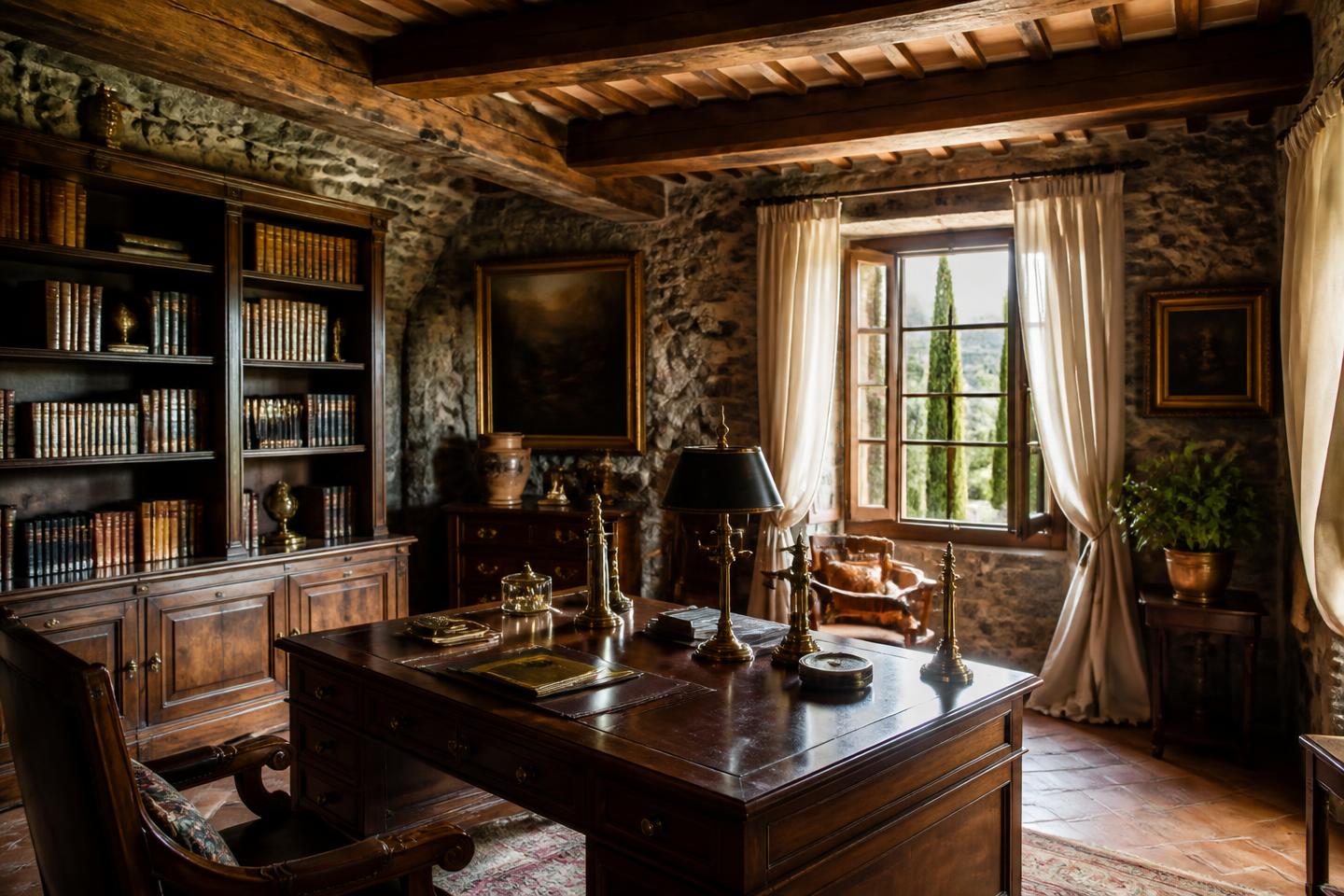 Studio rustico con travi a vista e una scrivania accanto alla finestra